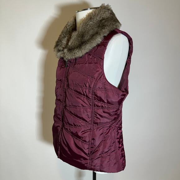Exertek Maroon Faux Fur Trim Puffer Vest Full Zip Lightweight Womens Size Large - Picture 4 of 12
